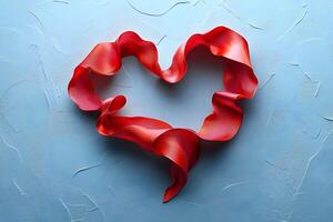 Romantic Heart-Shaped Red Ribbon on Textured Blue Background for Valentine's Day Design photo