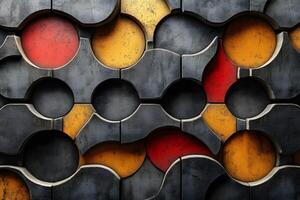 Abstract Geometric Industrial Art with Bold Red, Yellow, and Black Circular Patterns photo