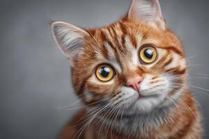 A ginger cat with large, expressive eyes sits attentively while looking directly at the camera. The warm colors of its fur contrast beautifully with the neutral background, creating an engaging image. photo