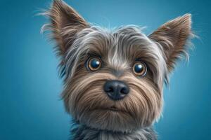 A small, fluffy dog features big, expressive eyes and a soft coat. Its ears stand upright, adding to the charm. The background is a vibrant blue, enhancing the dogs adorable appearance. photo
