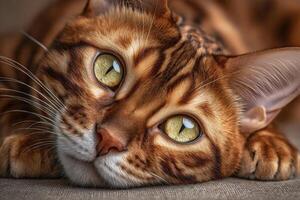 A beautiful Bengal cat is lying down comfortably on a plush surface with its striking green eyes wide open. The warm tones of its fur blend with the cozy environment, creating an inviting atmosphere. photo