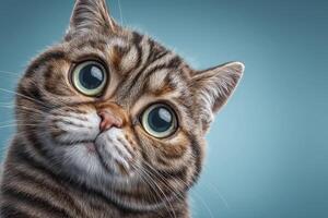 A striped cat gazes curiously at the viewer with its large, round eyes, set against a smooth blue backdrop. The cats expression is engaging and playful, showcasing its adorable features. photo