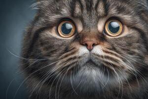 A fluffy cat with strikingly large, expressive eyes looks directly at the viewer. Its fur is a mix of brown and gray tones, with a soft texture that enhances its adorable appearance. photo