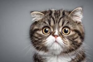 A fluffy striped cat with large, expressive eyes stares curiously in a neutral gray environment. The cats curious expression showcases its playful personality, drawing attention immediately. photo