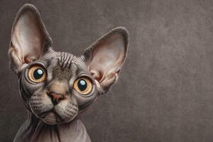 A sphynx cat with distinctive wrinkled skin and large, expressive eyes looks directly at the viewer. Its curious expression creates an engaging connection in a neutral setting. photo