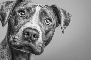 A close-up of a dogs face highlights its soulful eyes and distinct fur pattern. The black and white setting enhances the dogs expressive features and emotions. photo