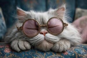 A fluffy gray cat rests peacefully on a vintage sofa, sporting round sunglasses. Its serene expression and relaxed posture complement the rich, patterned upholstery in the background. photo