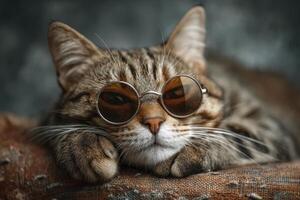 A relaxed cat with a striped coat rests on a soft surface while wearing round sunglasses. The warm lighting highlights its features, creating a cozy atmosphere indoors. photo
