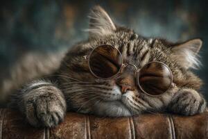 A fluffy cat with closed eyes rests comfortably on a brown surface. It wears round sunglasses, creating a relaxed and stylish atmosphere in a softly lit indoor space. photo