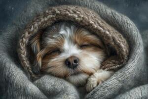 A small puppy with soft fur and a sweet expression is peacefully sleeping while wrapped in a thick, knitted blanket. The cozy setting creates a warm and comforting atmosphere. photo