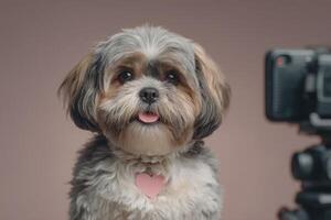 A fluffy dog with a gray and brown coat is sitting in a studio, looking directly at the camera. The dog has a pink heart-shaped tag and displays a cheerful expression, tongue out. photo