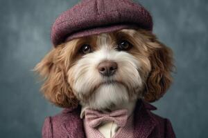 A charming dog wears a tailored suit and matching hat, showcasing a dapper appearance. The animals expressive eyes and fluffy coat complement the stylish ensemble, creating an adorable look. photo
