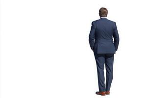 A businessman in a dark suit and brown shoes walks away, facing the unobscured white background. The solitude emphasizes confidence and purpose. This moment captures a professional atmosphere. photo