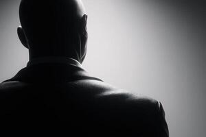 A man in a suit stands with his back to the viewer, highlighted by soft light. The shadows create a dramatic atmosphere, emphasizing the contours of his figure and suit. photo