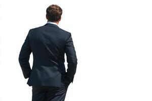 A man dressed in a dark formal suit stands with his back to the viewer, appearing to walk away. The clear white background emphasizes the simplicity and elegance of his attire. photo