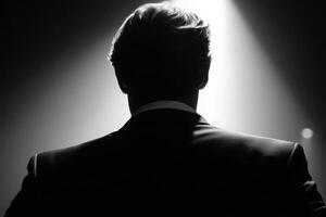 A man stands with his back to the viewer, dressed in a tuxedo. He is illuminated by a single beam of light against a dark background, creating a dramatic atmosphere. The moment conveys anticipation. photo