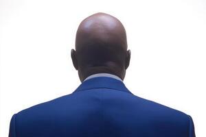 A person is viewed from the back wearing a blue suit, their bald head prominently featured against a bright, lit backdrop. The setting suggests a formal or professional atmosphere. photo