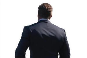 A well-groomed man dressed in a dark formal suit stands with his back facing the camera. He is outdoors in bright lighting, suggesting a professional event or gathering. photo