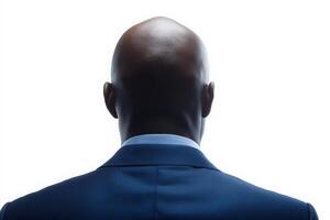 A businessman with a bald head stands in a suit, facing away from the viewer in front of a bright white background. The posture and attire convey a sense of professionalism and confidence. photo
