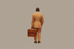 A man dressed in a tan suit stands with his back to the viewer, holding a briefcase. The neutral backdrop emphasizes his professional attire and solitary stance, suggesting contemplation or readiness. photo