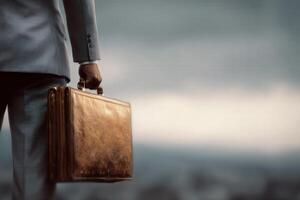 A man in a gray suit stands with his back to the viewer, holding a brown briefcase. The sky is overcast and moody, hinting at early morning or late afternoon. photo