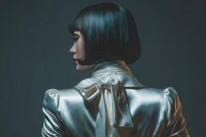 A model stands gracefully with her back to the viewer, revealing a stylish bob haircut. She wears a shimmering outfit adorned with a bow, highlighted by soft lighting that enhances her silhouette. photo