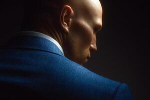 A well-dressed individual with a shaved head stands in profile, showcasing a blue suit and a serious expression. photo