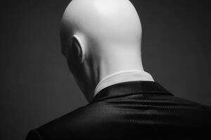 A mannequin stands in a formal black suit, showcasing a sleek back view. The setting is dimly lit, highlighting the mannequins smooth surface and reflecting a modern aesthetic. photo