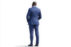 A man stands with his back to the viewer, dressed in a tailored blue suit paired with matching shoes. The bright white backdrop creates a striking contrast, emphasizing his formal attire and posture. photo