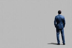 A businessman dressed in a formal suit stands with his back facing the viewer. The focus is on the figure against a plain gray background, evoking feelings of solitude and contemplation. photo