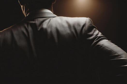 A well-dressed man stands with his back towards the viewer, illuminated by a soft, warm light. The tailored suit highlights elegance, while shadows add dramatic depth to the composition. photo