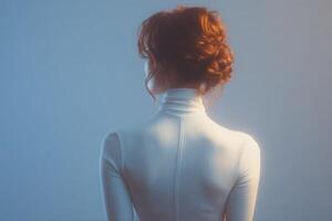 A woman stands with her back to the viewer, her hair styled in a bun. Soft blue lighting creates a calming atmosphere, emphasizing her graceful posture and minimalist outfit. photo