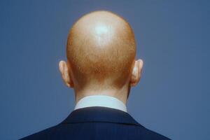 A bald man dressed in a dark suit stands with his back to the viewer. He faces a clear blue sky, highlighting his smooth scalp and ensuring a clean, professional appearance. photo