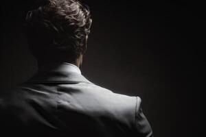 A man dressed in formal attire stands with his back to the viewer, lost in thought as shadows envelop him. The low light creates a mysterious atmosphere, highlighting his silhouette. photo