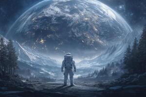 An astronaut in a white space suit stands on rocky terrain, overlooking a breathtaking view of Earth from a distant world surrounded by mountains and trees under a starry sky. photo