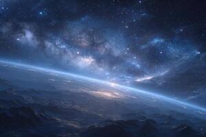 A breathtaking perspective from above Earths surface showcases a celestial panorama during twilight. The mountains below blend with a stunning starry sky filled with twinkling stars and cosmic dust. photo