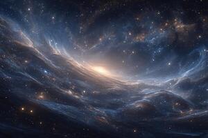 An expansive view of the universe reveals a brilliant display of swirling galaxies amidst a backdrop of twinkling stars. This celestial scene captures the beauty and mystery of deep space. photo