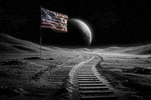 A flag waves on the moons surface, with a winding path made of tracks leading toward a large planet in the dark sky. The landscape is stark and barren, highlighting the vastness of space. photo
