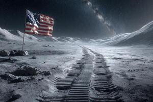 A lunar landscape features tire tracks leading to an American flag. The stark terrain showcases the moons unique surface, with a backdrop of stars and the Milky Way adding to the celestial beauty. photo