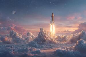 A rocket ascends into the sky, leaving a trail of flames as it rises above stunning mountains. The scene includes colorful clouds and a crescent moon, capturing a moment of awe at dawn. photo