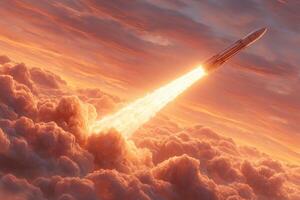 A rocket ascends through a dramatic sunset sky, leaving a trail of fire and smoke. The colorful clouds create a stunning backdrop as the vehicle escapes the Earths atmosphere. photo