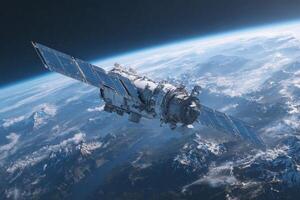 High above the Earth, a satellite rotates in space, its solar panels glimmering in sunlight. Below, breathtaking mountain ranges and fluffy clouds create a stunning view of our planets topography. photo