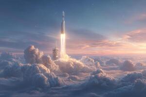 A powerful rocket ascends through a vibrant sky at dawn, breaking through thick clouds. The sunlight illuminates the launch pad, creating a stunning visual as it ventures into space. photo