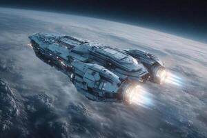 A futuristic spaceship navigates through wispy clouds in the vastness of space during twilight. Bright engines illuminate the dark surroundings as it travels. photo