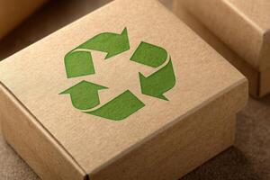 Several cardboard boxes featuring a green recycling symbol are displayed on a surface. The boxes emphasize sustainable packaging practices, showcasing a commitment to environmental awareness. photo