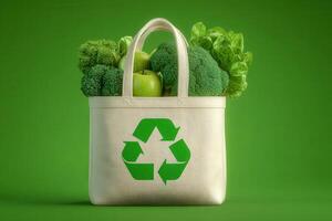 A reusable bag featuring a recycling symbol holds vibrant green broccoli, leafy lettuce, and fresh apples. The bright green background emphasizes the theme of sustainability and healthy living. photo