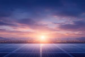 At dawn, sunlight breaks over a field of solar panels reflecting vibrant colors in the sky. The scene captures the essence of sustainable energy amidst a cityscape. photo
