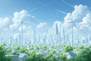 A vibrant city features numerous wind turbines amidst a blend of modern skyscrapers and greenery. Bright clouds float above, showcasing a commitment to sustainability and innovation. photo