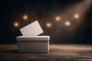 A blank ballot is being cast into a plain white voting box in a softly lit room with warm lights in the background. The atmosphere suggests a focus on democratic participation and civic duty. photo