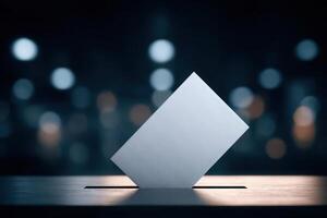 A minimalist design displays a sleek card tilted on a wooden surface, with soft bokeh lights creating a serene ambiance. The focus emphasizes aesthetics and simplicity in design. photo
